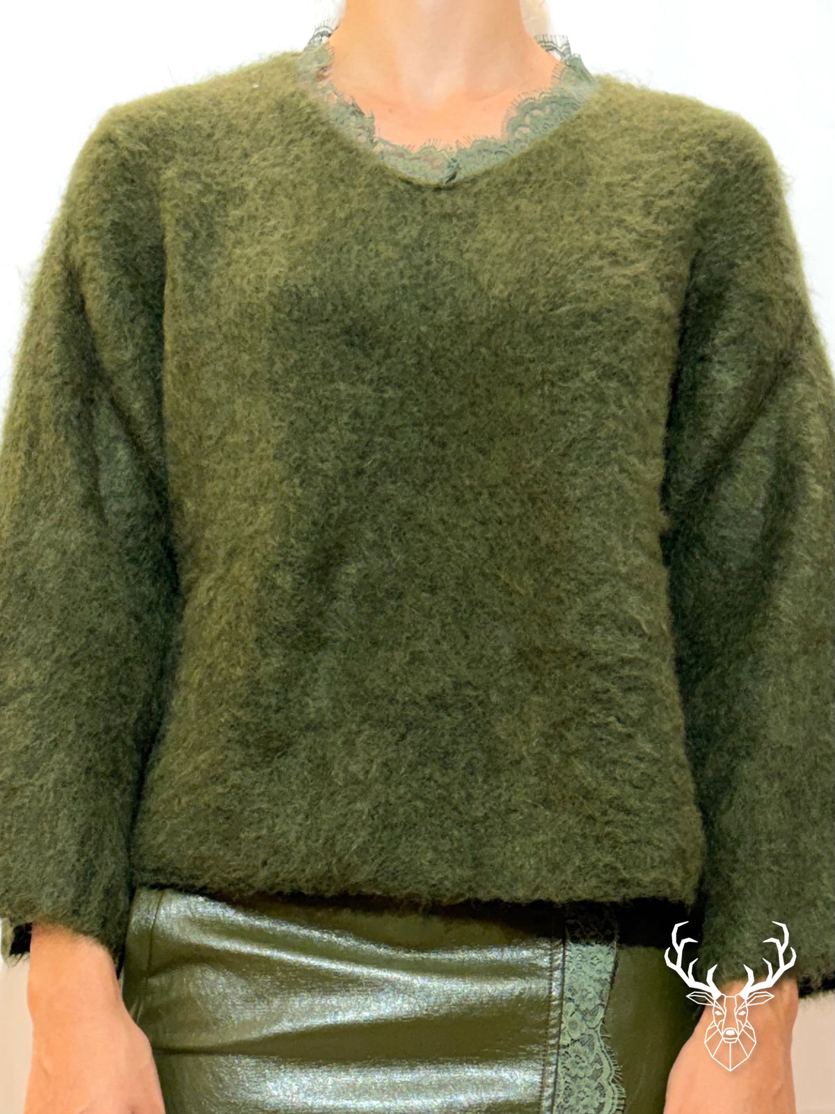 Maglia Garzata Scollo V Con Pizzo Verde Pink Memories