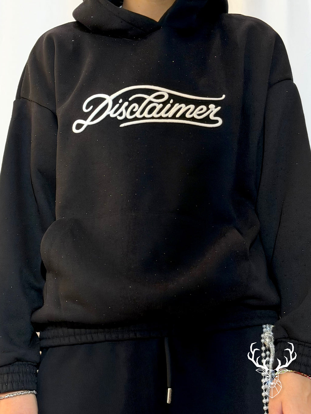 Felpa Strass Nera Logo Ricamato Disclaimer