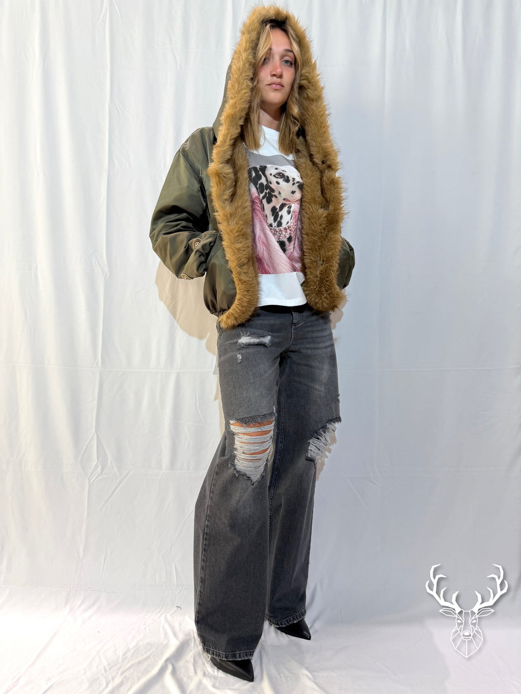 Bomber Verde Con Cappuccio in Eco-Fur Front Street