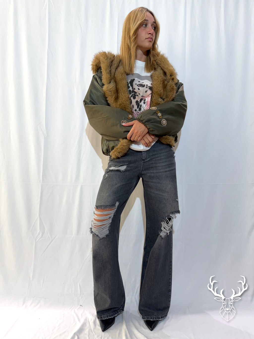 Bomber Verde Con Cappuccio in Eco-Fur Front Street