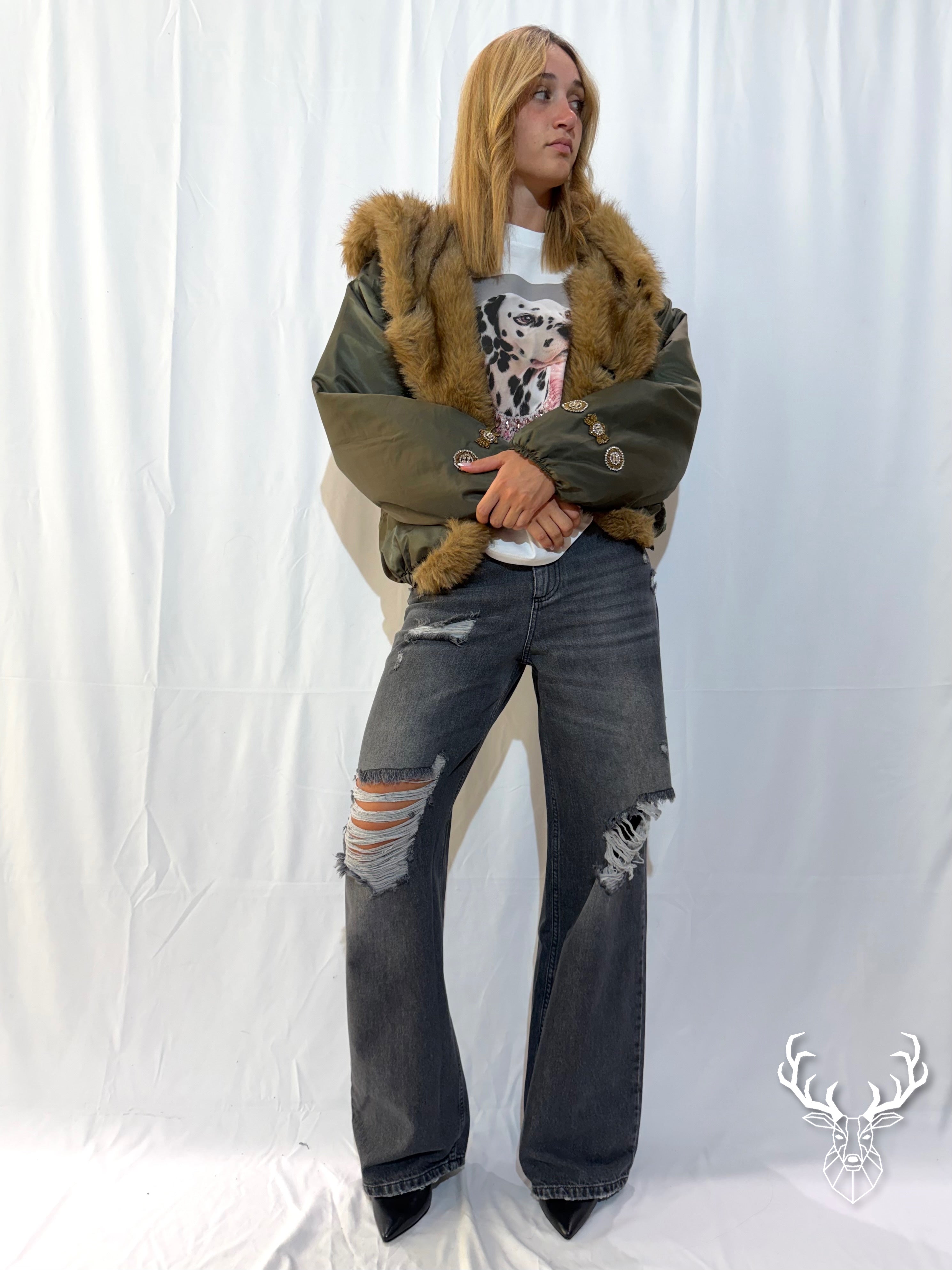 Bomber Verde Con Cappuccio in Eco-Fur Front Street