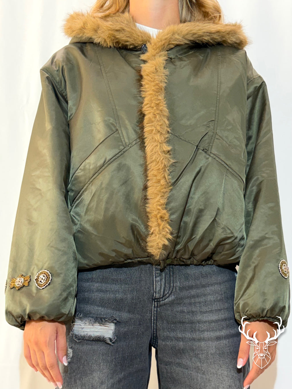 Bomber Verde Con Cappuccio in Eco-Fur Front Street